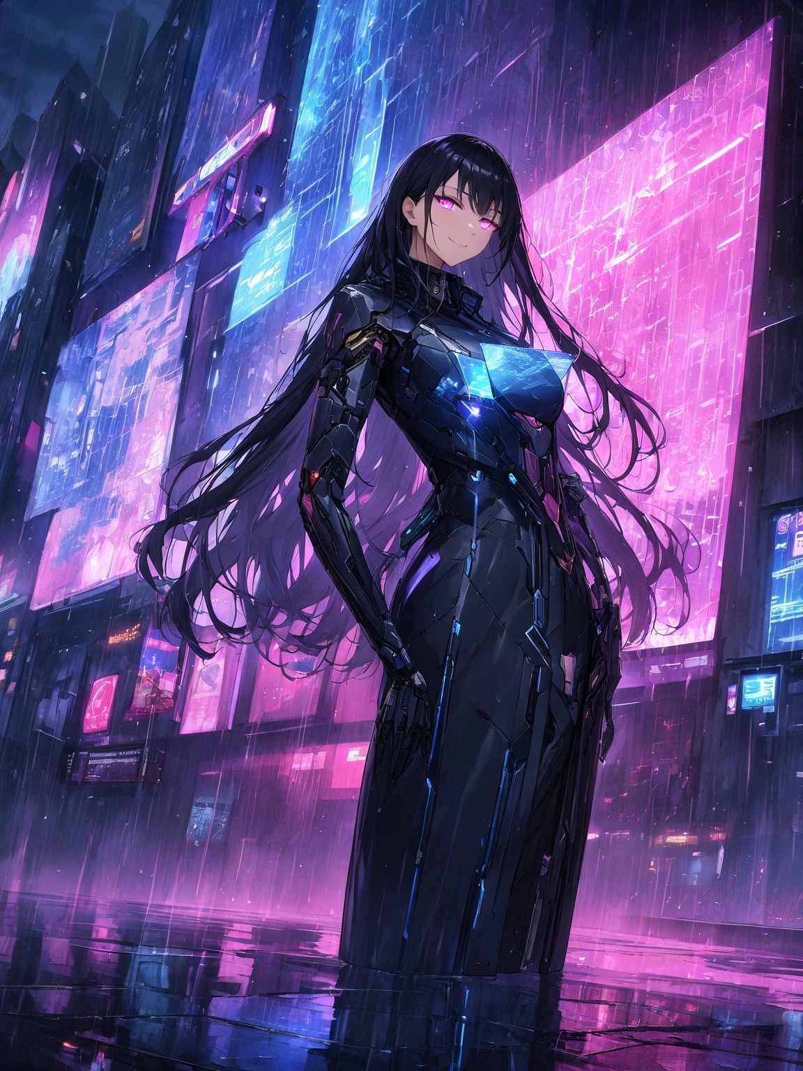 (highest quality, 4k, 8K high resolution, masterpiece:1.2), absurd, Detailed textures, (Perfect anatomy), Smooth skin, 

1 girl, Looking at viewer, cyborg information broker, slim and elegant figure, Cyborg's mechanical right arm, long wavy black hair, black trench coat with digital holographic patterns, standing in a dark alleyway with flickering neon signs, holding a holographic tablet, confident smirk, (a mysterious and cunning), glowing eyes reflecting digital data, futuristic cityscape background, moody lighting, rain falling softly, (perfect anatomy), 