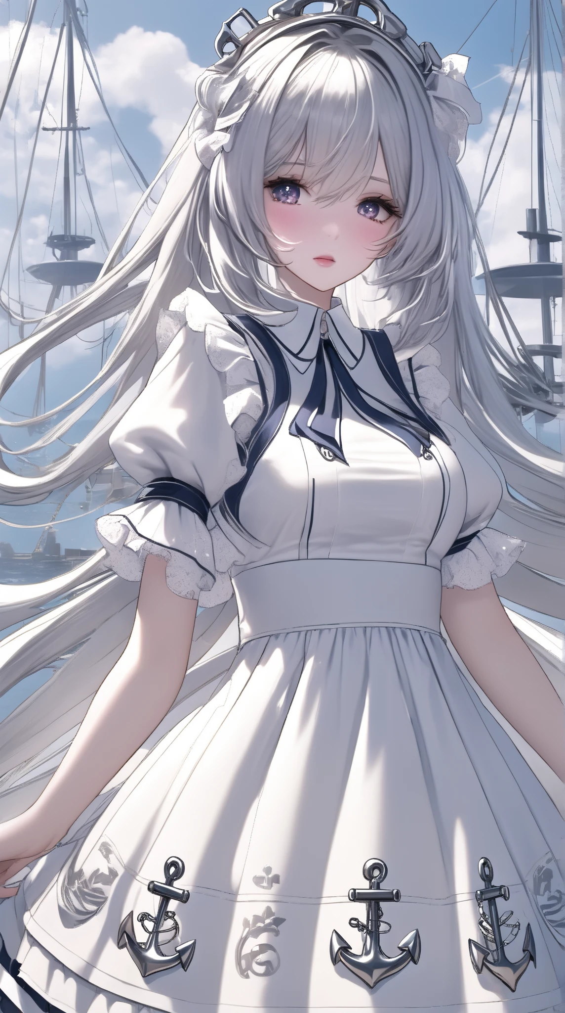  Best Quality ,  high detail,  Ultra HD, game，Role setting，Women，long hair,  White Silver Lolita Hair Band , Anchor Accessory , Big breasts， Wearing a Silver Lolita Dress，（ Star Pattern Design ），8k,optical illusion, 