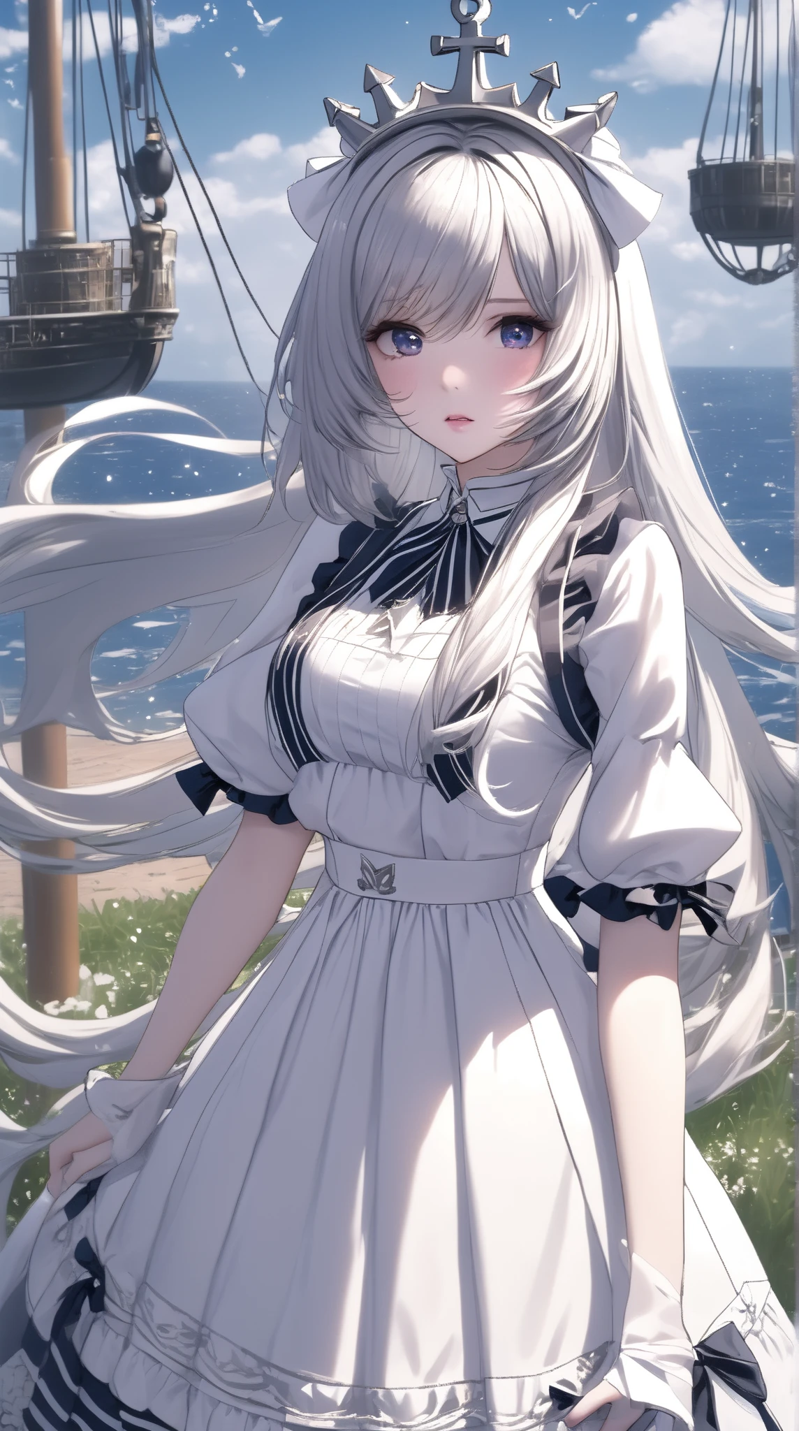  Best Quality ,  high detail,  Ultra HD, game，Role setting，Women，long hair,  White Silver Lolita Hair Band , Anchor Accessory , Big breasts， Wearing a Silver Lolita Dress，（ Star Pattern Design ），8k,optical illusion, 