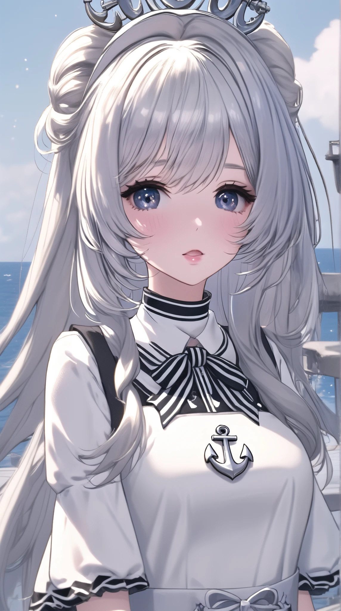  Best Quality ,  high detail,  Ultra HD, game，Role setting，Women，long hair,  White Silver Lolita Hair Band , Anchor Accessory , Big breasts， Wearing a Silver Lolita Dress，（ Star Pattern Design ），8k,optical illusion, 