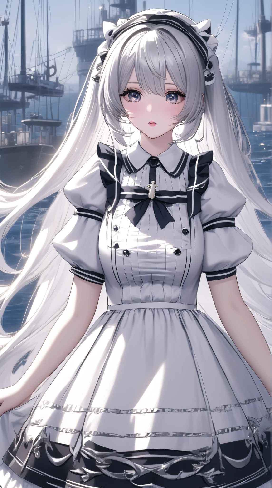  Best Quality ,  high detail,  Ultra HD, game，Role setting，Women，long hair,  White Silver Lolita Hair Band , Anchor Accessory , Big breasts， Wearing a Silver Lolita Dress，（ Star Pattern Design ），8k,optical illusion, 