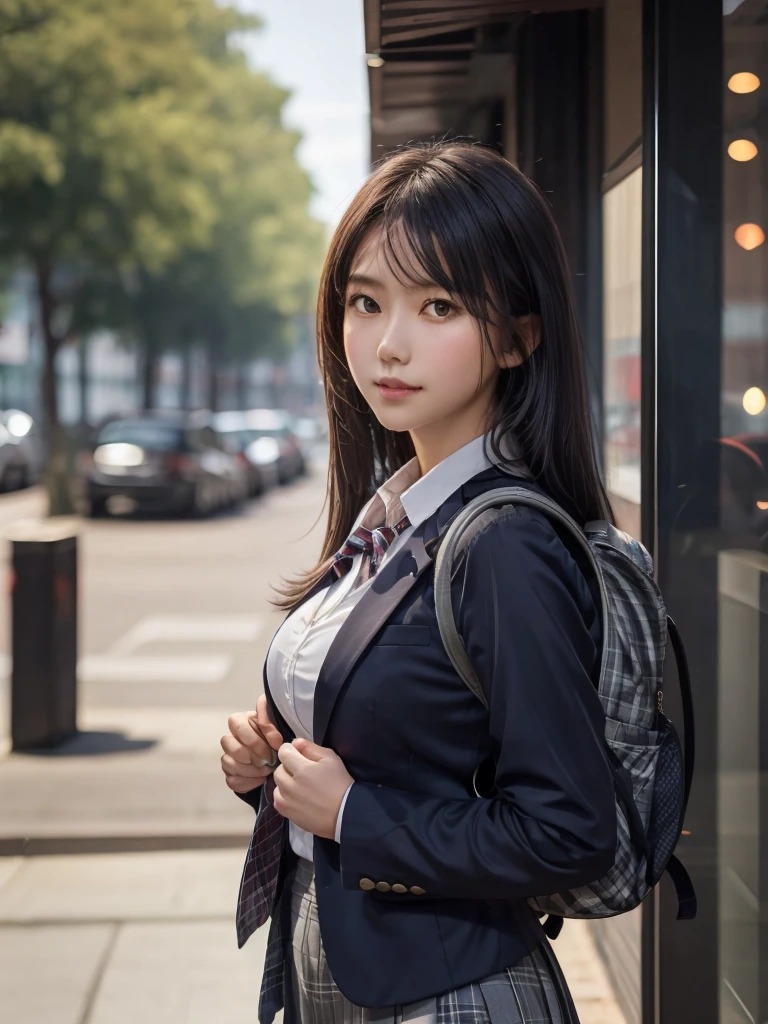 Long Hair, review,A girl with a backpack is posing for a photo, navy blue blazer uniform ,  white shirt, red and grey striped tie,  grey plaid skirt,  Big Breasts  ,Outdoor urban environment,  natural light,Casual atmosphere, Front View, The depth of deep writing, Proportionate exposure