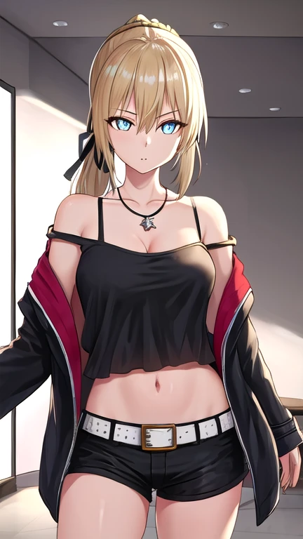 1girl, solo, blonde hair, yellow eyes, bangs, breasts, braid, sidelocks, medium breasts, hair between eyes, long hair,  ponytail, cleavage, collarbone,
BREAK ribbon, hair ribbon, bare shoulders, belt, black jacket, jacket, jewelry,  necklace, off shoulder, official alternate costume, shorts, white belt, black ribbon, shirt, black shirt, black shorts, camisole, open clothes, short shorts,
BREAK looking at viewer, expressionless,
BREAK standing, 
BREAK from below, (cowboy shot:1.2),
BREAK (indoor, white wall, white floor, white room:1.2),
BREAK (masterpiece:1.2), (best quality, high resolution:1.1), unity 8k wallpaper, (illustration:0.8), (beautiful detailed eyes:1.6), extremely detailed face, perfect lighting, extremely detailed CG, (perfect hands, perfect anatomy),