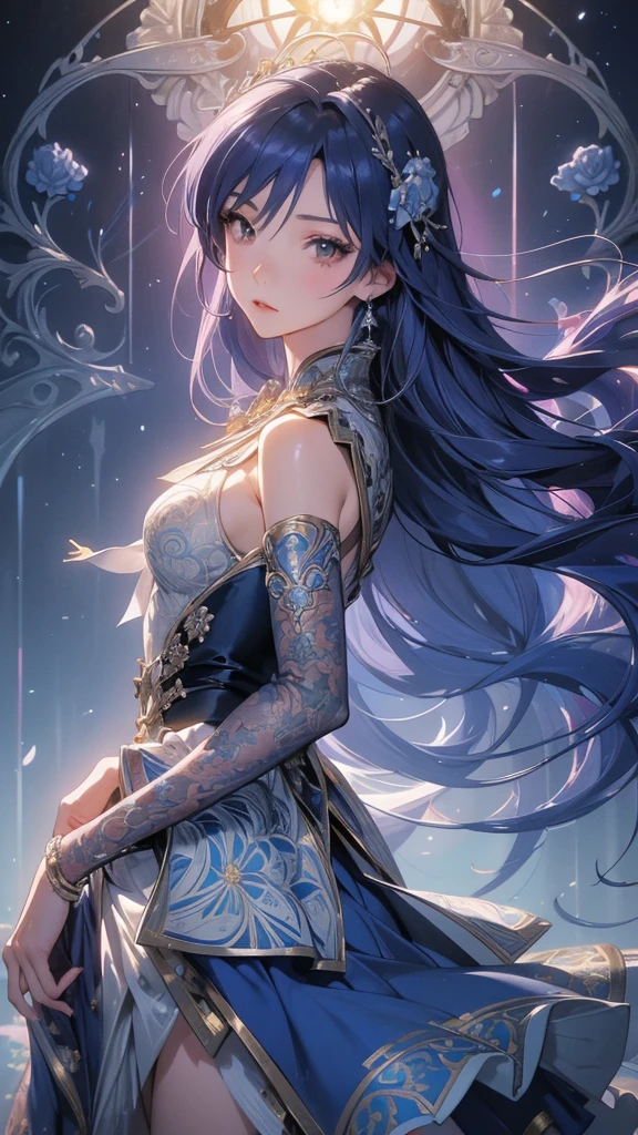 Rainy night, whole body, various angles, gentle expression, soft expression, kind eyes, small breasts, bare shoulders, indigo hair, colored feathers, metal ornaments, colored flowers, particles, rays, (masterpiece, highest quality, highest quality, official art, beautiful and aesthetic: 1.2), (1 girl: 1.3), highly detailed, (fractal art: 1.1), (colorful: 1.1) (flower: 1.3), best detail, ( Zentangle: 1.2), (Dynamic Pose), (Abstract Background: 1.3), (Glossy Skin), (Many Colors: 1.4), (Earrings: 1.4), (Feathers: 1.4)