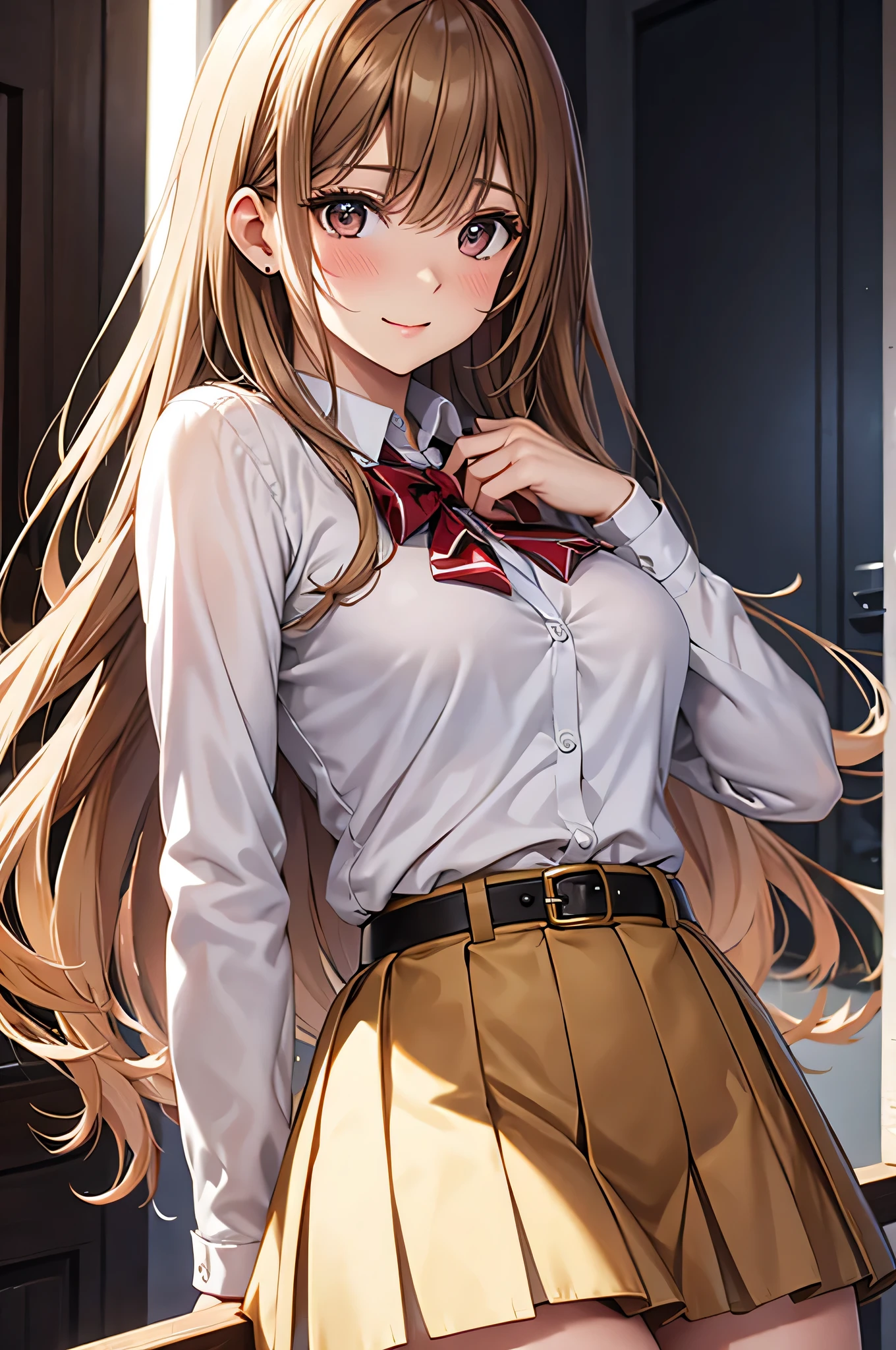  adult woman laughing, Alone,  sexy,8K resolution,(( best quality)), ultra high resolution, ( embarrassed face), ( Brown Eyes ),  beautiful symmetrical face , ( golden long hair), pink cardigan ,White shirt, uniform skirt,Realistic:1.4,Realistic:1.4,(masterpiece:1.2), perfect eyes,Perfect Eyes, anatomically correct human body ,Perfect waist,Perfect thighs