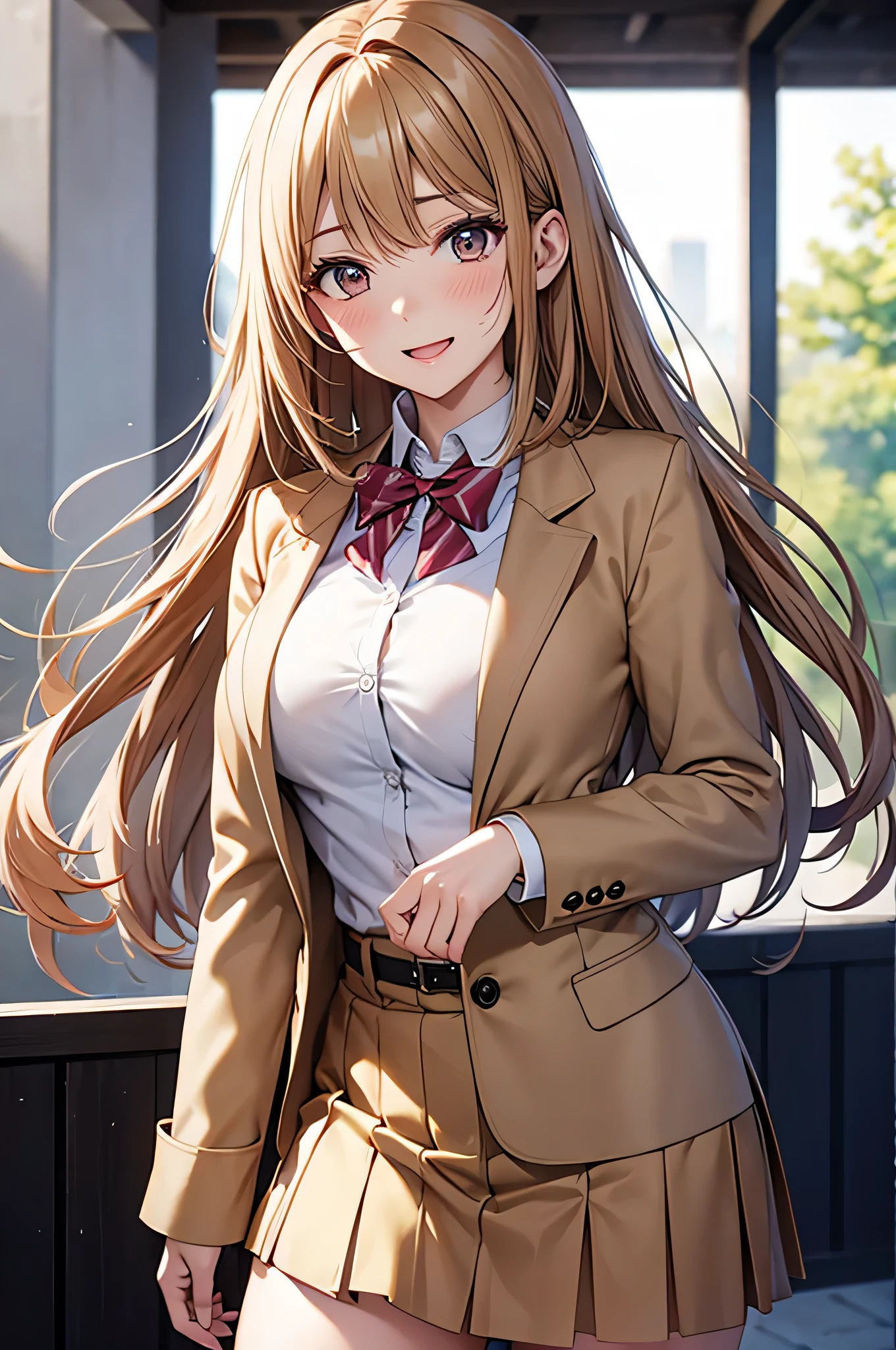  adult woman laughing, Alone,  sexy,8K resolution,(( best quality)), ultra high resolution, ( embarrassed face), ( Brown Eyes ),  beautiful symmetrical face , ( golden long hair), pink cardigan ,White shirt, uniform skirt,Realistic:1.4,Realistic:1.4,(masterpiece:1.2), perfect eyes,Perfect Eyes, anatomically correct human body ,Perfect waist,Perfect thighs