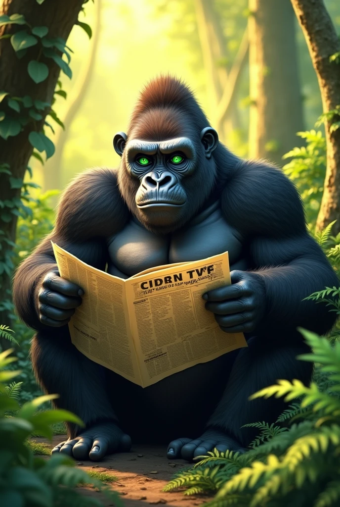 an imposing howler ey, with a protruding chin on a throne in the forest surrounded by other monk the chest fur is lighter resembling a tank top