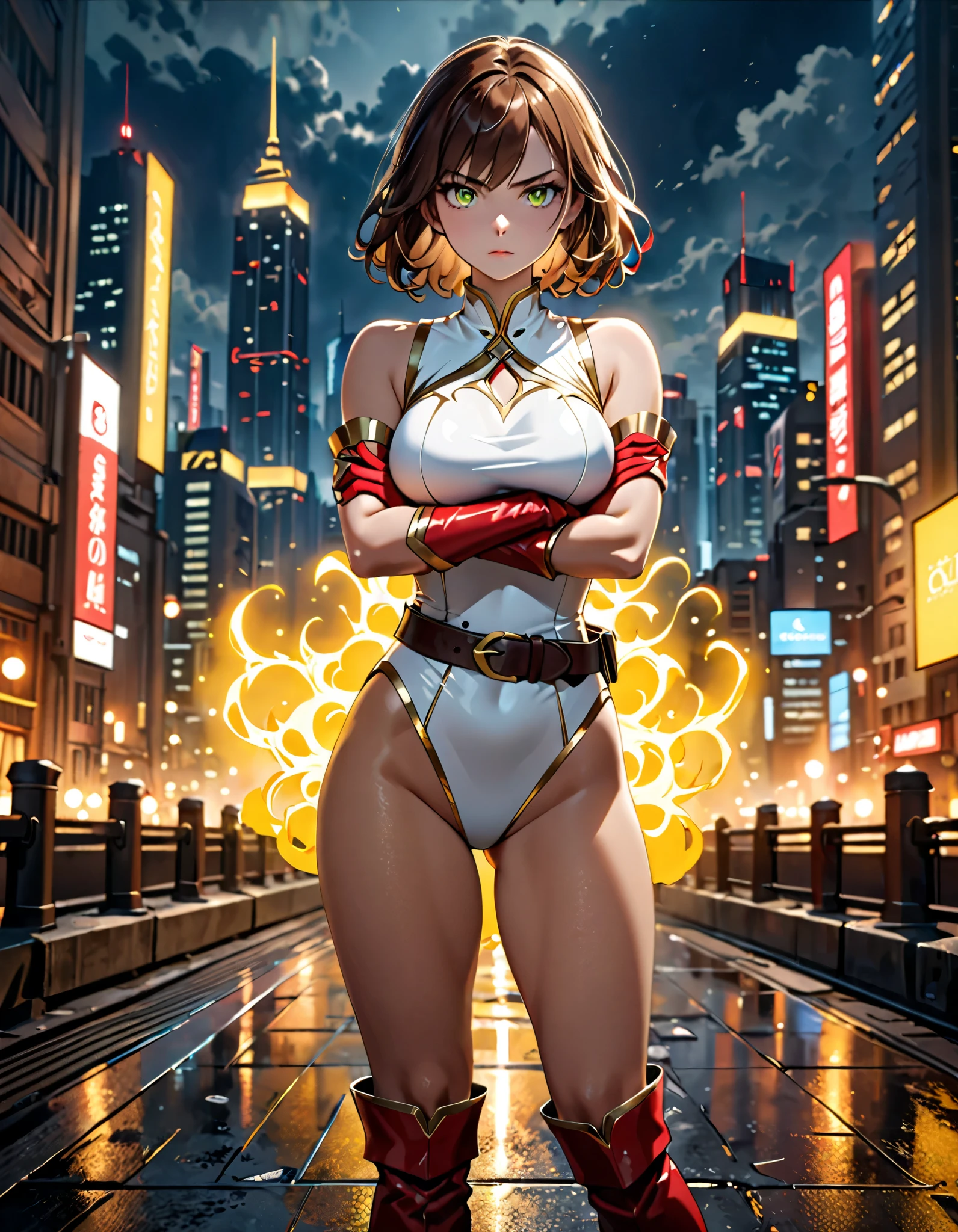 Masterpiece, best quality, Masterpiece, best quality, 1 woman, brown hair ponytail , sly face , smile , gold bikini , abdomen, big breasts , Long legs , Barefoot , hands on hips , electricity post , nighttime