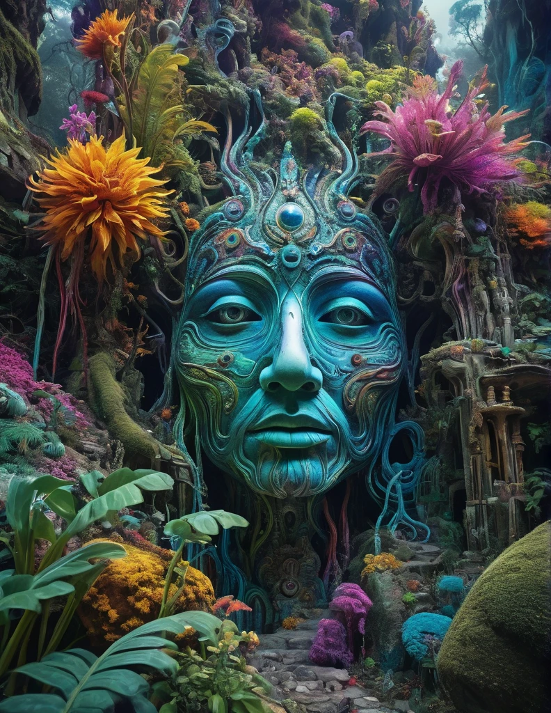 A Ghost's face with mystical images, in the style of surreal 3d landscapes, vivid colors, highly detailed figures, fantastical ruins, organic nature-inspired forms, intricate costumes, harmonious chaos, hyper realistic photography