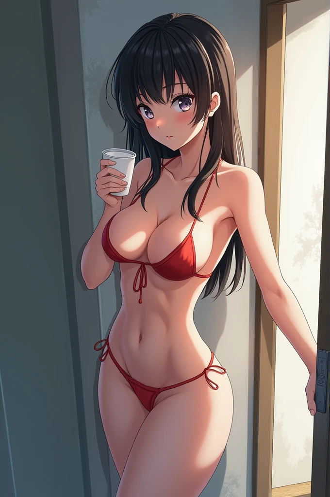 Highest quality,Highest Resolution,４K quality,Smiling woman in red underwear in the bathroom,Sweating profusely,Drink a drink,Black hair ponytail,whole body,Sexy Lingerie,