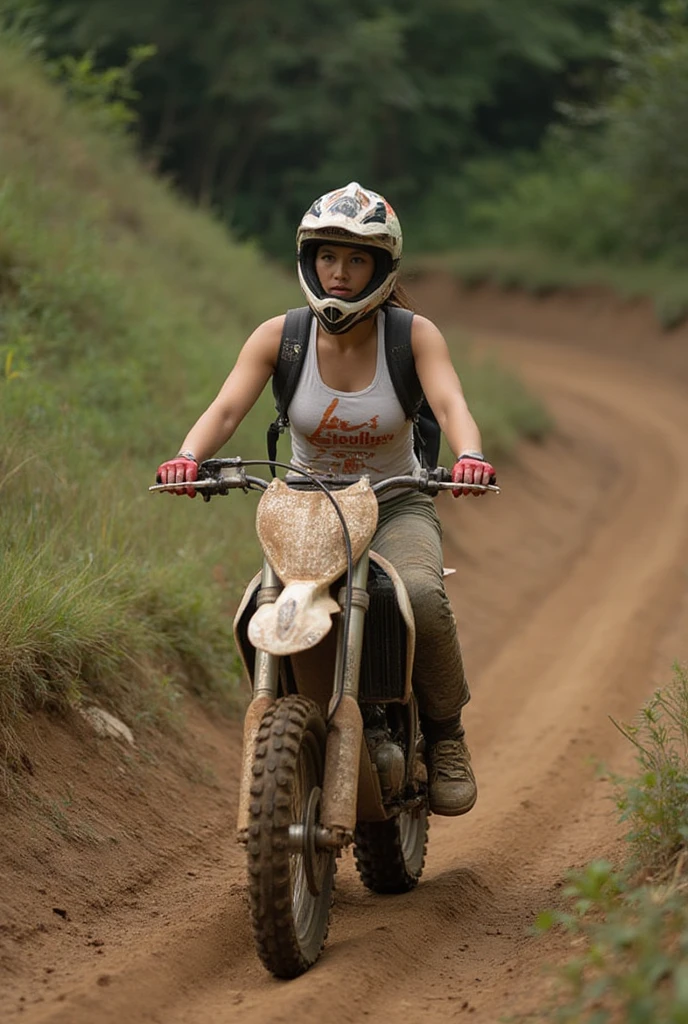 A Thai woman riding a motocross bike, wearing a white tank top and motocross riding gear, with a slightly muddy appearance. The scene is set on a rugged dirt trail, capturing the energy and thrill of the moment, realistic and detailed