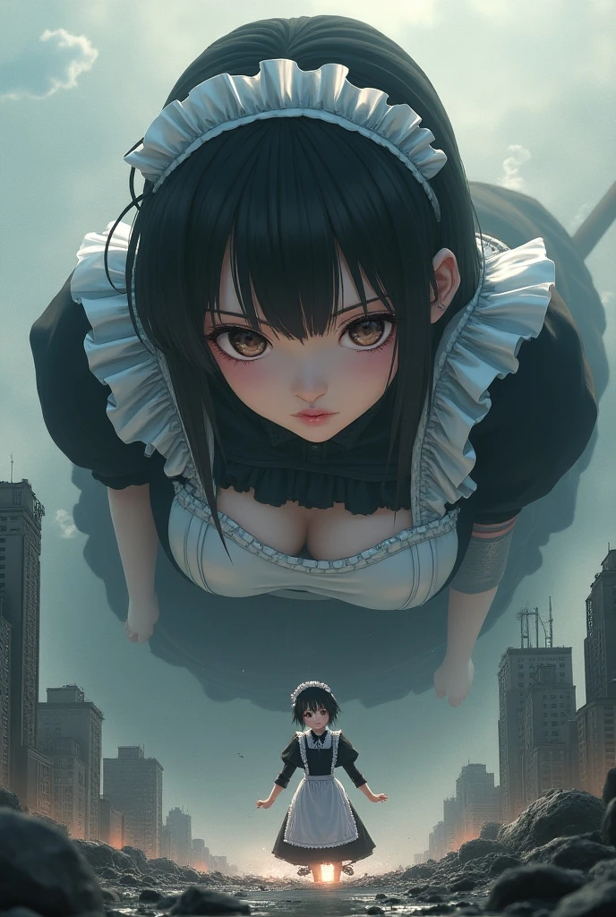 tmasterpiece，Best quality at best， 4K， A high resolution， Top view， Top angle of view，A giantess，full bodyesbian，（sitted：1.3），Modern high-rise，s the perfect face，Glossy glossy skin，Feminine expression，Black color hair，oppai，sensual lingerie，black lence stockings