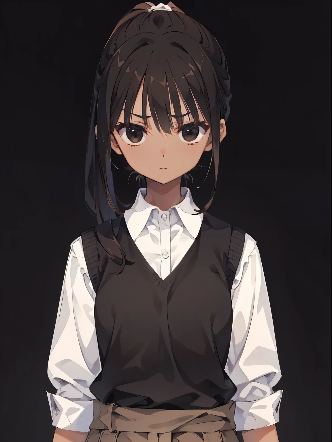 (serious, [glaring]), 1 girl, upper body, (facing viewer, looking viewer), standing straight, (black eyes, (black hair), (front ponytail), medium breast), ((black vest, brown pants)), (gray background), Sharp Focus, (Best Quality, masterpiece, detailed, facial focus), (detailed hand), (solo shot), ((tanned, brown skin)), waist, hips, (white collar)