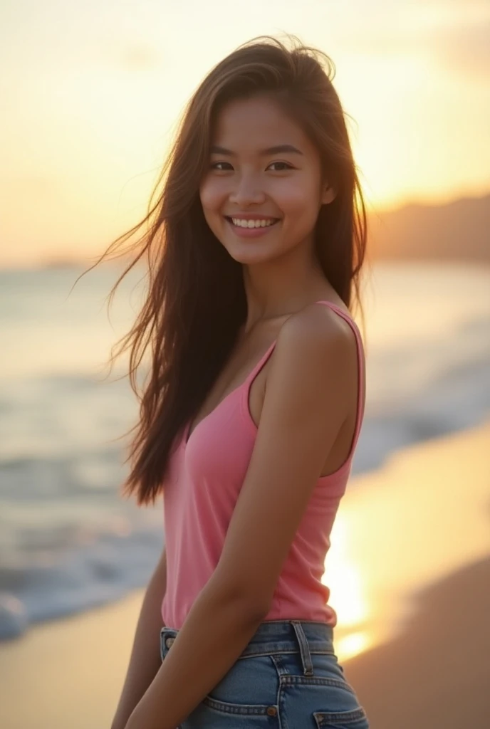 Young girl posing for the camera completely naked, nipple shield and small breasts, sonriente, de frente al espectador