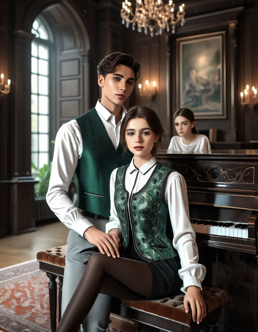 sketch man sits at the piano and plays it for a girl writing a melody for her man he is 22 years old  ((with brown eyes)), Beautiful, brown short hair in a white shirt,  dark gray classic vest , black trousers , ((( and next to a man leaning on the piano is )))  a 22-year-old girl with brown long flowing straight hair and blue eyes ,  in a short emerald colored modern fashionable sexy beautiful dress with round sleeves voluminous against the Arafed background room with a piano and a window in it, gothic epic library concept, gothic epic library, gothic library, alchemist library , unreal engine render concept art, castle library, dusty library,  unreal fantasy art engine, ancient library, library of ruina concept art, photorealistic dark concept art,  dramatic lighting . concept art, inside a castle library, Старая библиотека photo realistic illustration, hyper realistic illustration, realistic illustration, photorealistic detail , hypper realistic illustration, extreme realistic detail, photorealistic detail ed picture, с unreal engine render concept art, ), Ultra-detailed and beautiful face,( Gentle facial expression :1.1),translucent white skin,(Реалистичный skin texture:1.1), , Bold design , Art design ,Beautiful and detailed pattern, Detailed fabric texture, ((1 man, 1 girl)) (romantic sensual scene for a novel :1.1)