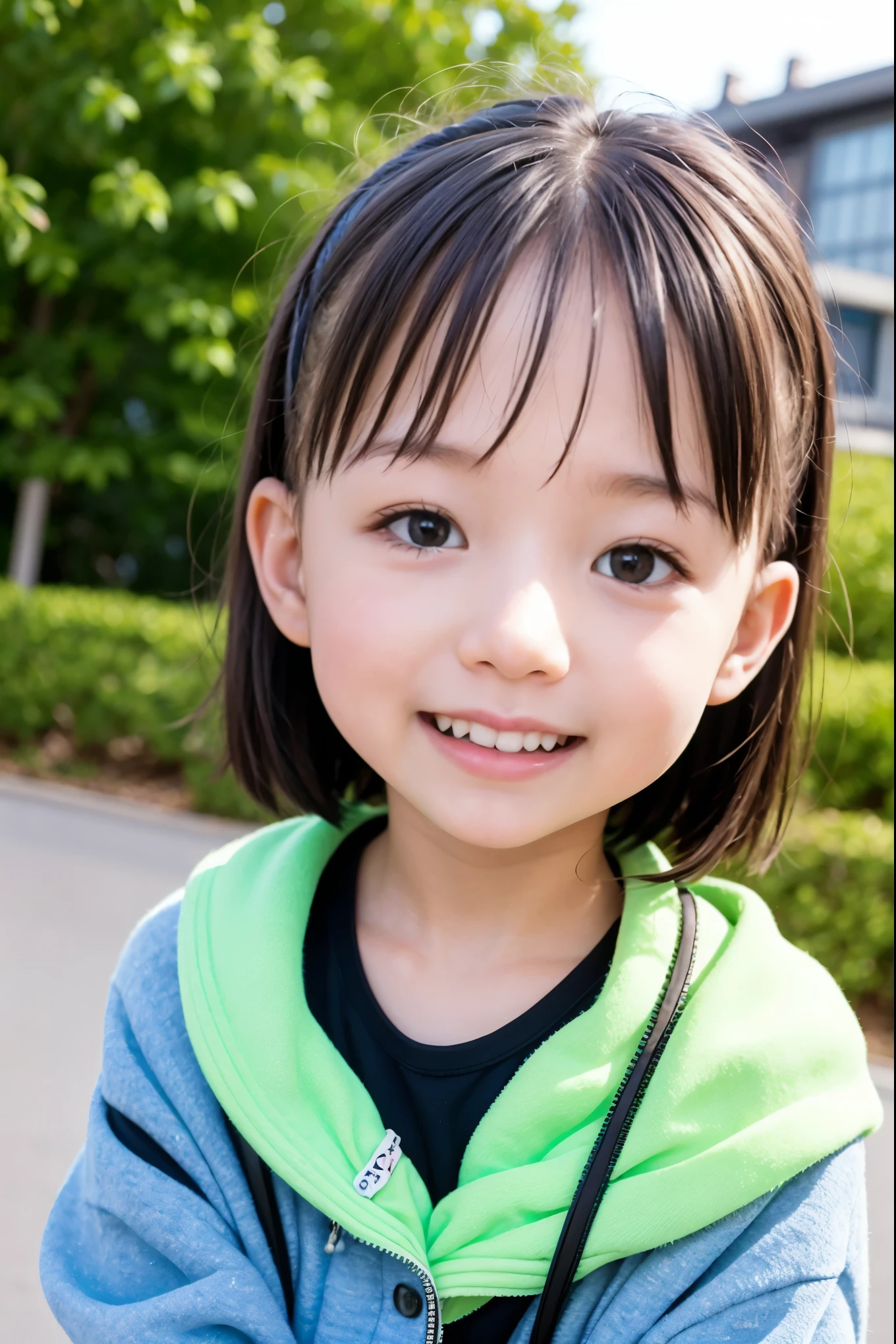 15-year-old、pretty girl、A happy smile、beautiful Background, 1 Girl、the school gate、Laughing with your mouth open、Twin tails