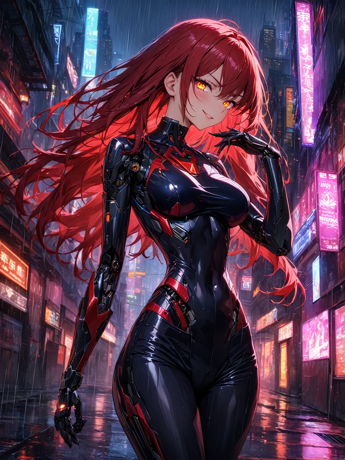 (highest quality, 4k, 8K high resolution, masterpiece:1.2), absurd, Detailed textures, (Perfect anatomy), Smooth skin, 

1 girl, Looking at viewer, cyborg information broker, slim and elegant figure, Cyborg's mechanical right hand, Red bob hair, cyborg mechanical right arm, brown left eye, red mechanical right eye, black leather jacket, black tank top, indigo skinny jeans, standing in a dark alleyway, flickering neon signs, confident smirk, (a mysterious and cunning), glowing eyes reflecting digital data, futuristic cityscape background, moody lighting, rain falling softly, (perfect anatomy), 