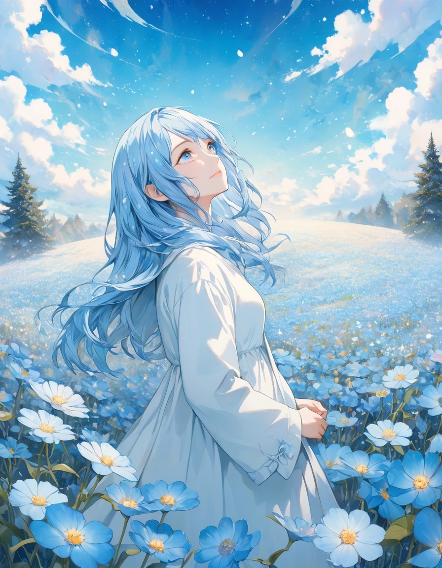 ( absurd,  high definition , Super detailed, 超 high definition ,  Movie-like ), Alone,  1 girl, Mature,  happy , girl standing in light blue flower field, light blue flower petal surrounding girl, whole body,  girl with long blue hair , light blue hair,  Fantasy , Dreamy, Snow,  Official Art,  pop art,  profile, Super detailed face, Super detailed eyes, light blue flower field, Super detailed field, white blue sky, cold, light blue, white,  Nebula in the sky, Blue Tree, watercolor,  pastel colors 