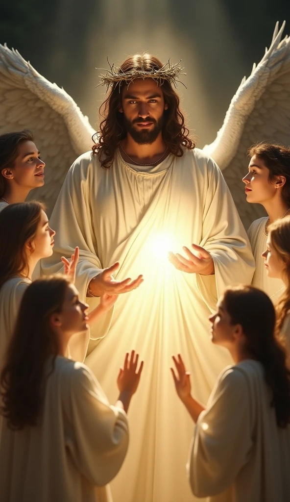 a painting of a couple with a on earth and Jesus and God with open arms blessing them from heaven among the clouds