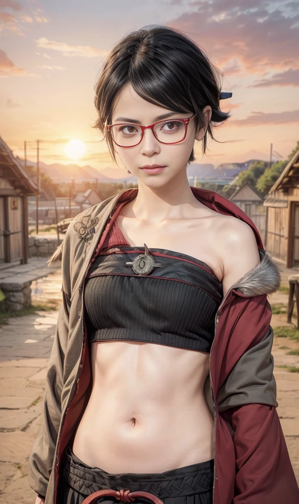 masterpiece, best quality, (realistic,photo-realistic:1.4), (RAW photo:1.2), extremely detailed CG unity 8k wallpaper, delicate and beautiful, amazing,finely detail, official art, absurdres, incredibly absurdres, huge filesize, ultra-detailed,extremely detailed eyes and face,light on face,sarada,(little smile:1.2),(black hair:1.4),(very short hair:1.4),nature,sarada uchiha ,(wearing black framed glasses:1.5),(wearing viking outfit:1.5),traditional village,(sunset:1.4),(red eyes:1.6),navel,chocker