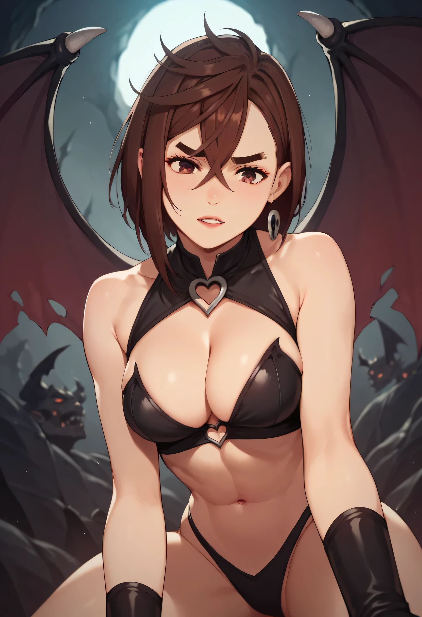 momo ayase, short hair, brown hair, brown eyes, bangs, thick eyebrows, medium breasts, hell, hell theme, breasts, BREAK, succubus, succubus costume, cleavage, confident, succubus wings,
