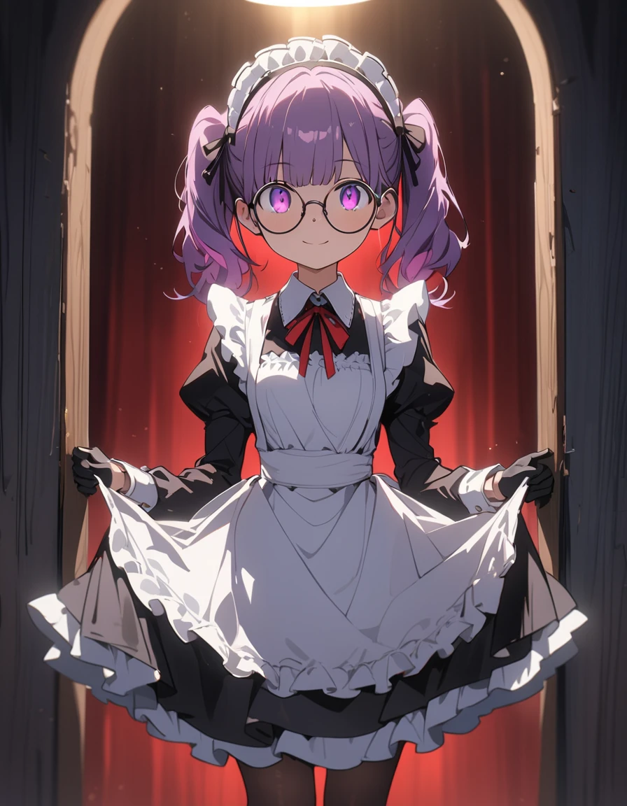 Long purple hair ,  wear maid clothes , round glasses, Front Light ,Cute 2D, Front lighting 、( for a woman with bristles、masterpiece、 high definition 、 Details)、animeスタイル、 Flat Style 、(Shining Eyes、 Details美しい顔),  1 girl、extremely  Details、(The Shining),  Best Lighting ,  Best Shadow 、High saturation, anime,  twin tails, Dark purple hair, pantyhose, purple hair, black gloves, violet eyes, gloves, long sleeves, maid headdress, smile, fullbody,Round Glasses,glowing, high brightness, Perfect hands, Bright face, noon,  smaller breasts