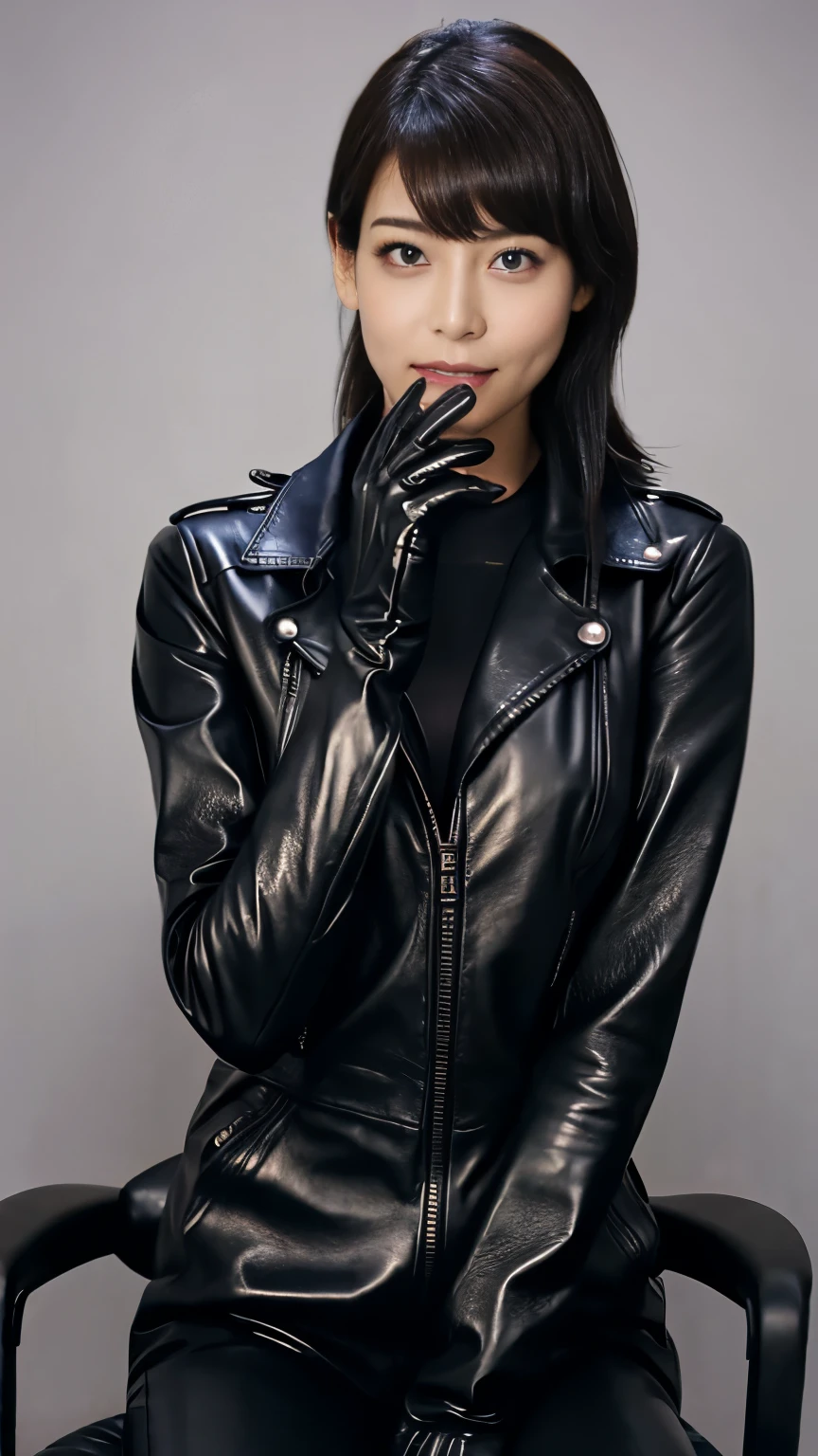black leather rider jacket , Office in the Dark, Black leather gloved fingertips on both hands,Wearing black leather gloves,Sitting in a black leather chair、 Japanese female new recruits (Black leather gloves cover both hands) (The angle is horizontal)、Black Leather Pants,Black Leather Black Leather Pants, black leather skinny pants 、very tight fit. Black long leather boots on both feet、 BLACK HAIR PONYTAIL ((She wears black leather gloves on her hands))Full Body Photo, full body shot full body full body leather suit ,☺Leather pants tucked into long boots、Full body shot from head to toe、very tight fit. If you turn in this direction。Wearing black leather gloves,Wearing black leather gloves,Wearing black leather gloves,Wearing black leather gloves,Wearing black leather gloves,Wearing black leather gloves,黒のレザーパンツが美しい😍黒のレザーパンツが美しい😍黒のレザーパンツが美しい,😍こちらを見ながら笑faceで微笑んでる,City lights、(Cyberpunk City Street:1.3))、 detailed lighting 、
best image quality、 ultra high resolution、( realism:1.4)、Korean Beauty Star、The most beautiful KPOP stars、face、Horny Korean Makeup、A body that makes you want to touch it、Realistic leather texture、Costume made of smooth leather fabric、The drape of the curved parts of the leather fabric、The costume is very shiny、Quality of the costume、8K Photo Quality