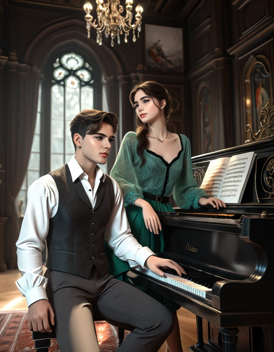 sketch man sits at the piano and plays it for a girl writing a melody for her man he is 22 years old  ((with brown eyes)), Beautiful, brown short hair in a white shirt,  dark gray classic vest , black trousers , ((( and next to a man leaning on the piano is )))  a 22-year-old girl with brown long flowing straight hair and blue eyes ,  in a short emerald colored modern fashionable sexy beautiful dress with round sleeves voluminous against the Arafed background room with a piano and a window in it, gothic epic library concept, gothic epic library, gothic library, alchemist library , unreal engine render concept art, castle library, dusty library,  unreal fantasy art engine, ancient library, library of ruina concept art, photorealistic dark concept art,  dramatic lighting . concept art, inside a castle library, Старая библиотека photo realistic illustration, hyper realistic illustration, realistic illustration, photorealistic detail , hypper realistic illustration, extreme realistic detail, photorealistic detail ed picture, с unreal engine render concept art, ), Ultra-detailed and beautiful face,( Gentle facial expression :1.1),translucent white skin,(Реалистичный skin texture:1.1), , Bold design , Art design ,Beautiful and detailed pattern, Detailed fabric texture, ((1 man, 1 girl)) (romantic sensual scene for a novel :1.1)