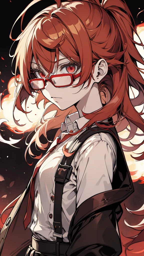 anime girl with Red Hair and glasses with long hair, Burning, inspired Burning,  SHORT HAIR IN PROFILE , Ryuko, 汚い黒 / Red Hair,  gap moe yandere dark ,   anime artist studio , Of those shining red eyes, Jan J,  anime girl portrait profile painted in dirty black ,  Owari Akane Danganronpa  