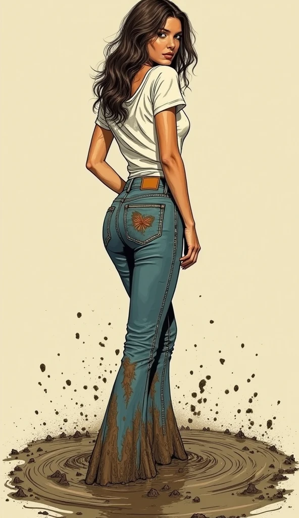 masterpiece, adult comics atmosphere, vintage glamour magazine setting,minimalistic illustration line-art, mud-covered tight vintage flared jeans  and t-shirt, sexy embroidery, woman drowning deep in mud, attention-grabbing, void background, artistic posing, looks back, sensation, sexual tension