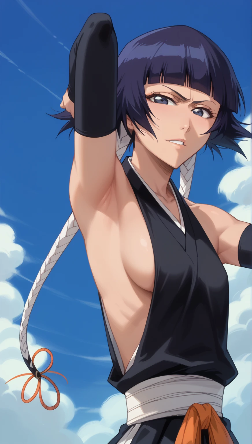 whole body、、     sweated、   、close-up、、、Soi Fon、 、Bleach、Bleach、Black Hair, 1girl, breasts, soifon, japanese clothes, sideboob, hip vent, detached sleeves, bare shoulders, small breasts, armpits, showing armpits, arms up,  seductive smile, seductive eyes