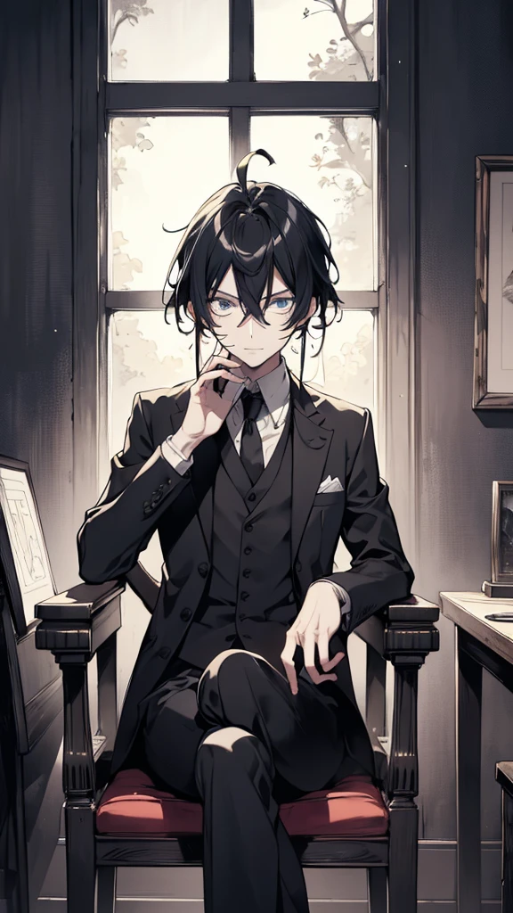 Picture of a man in a suit sitting on a chair, Yamagata Kohei Windows ,  anime girl portrait profile painted in dirty black , Jan J, his long black hair,  Sebastian Michaelis ,  created by an anime artist studio, Nihei Tsutomu style , Burning, Gwaiz, Written by Zou Zhe,  Handsome Man from Demon Slayer  