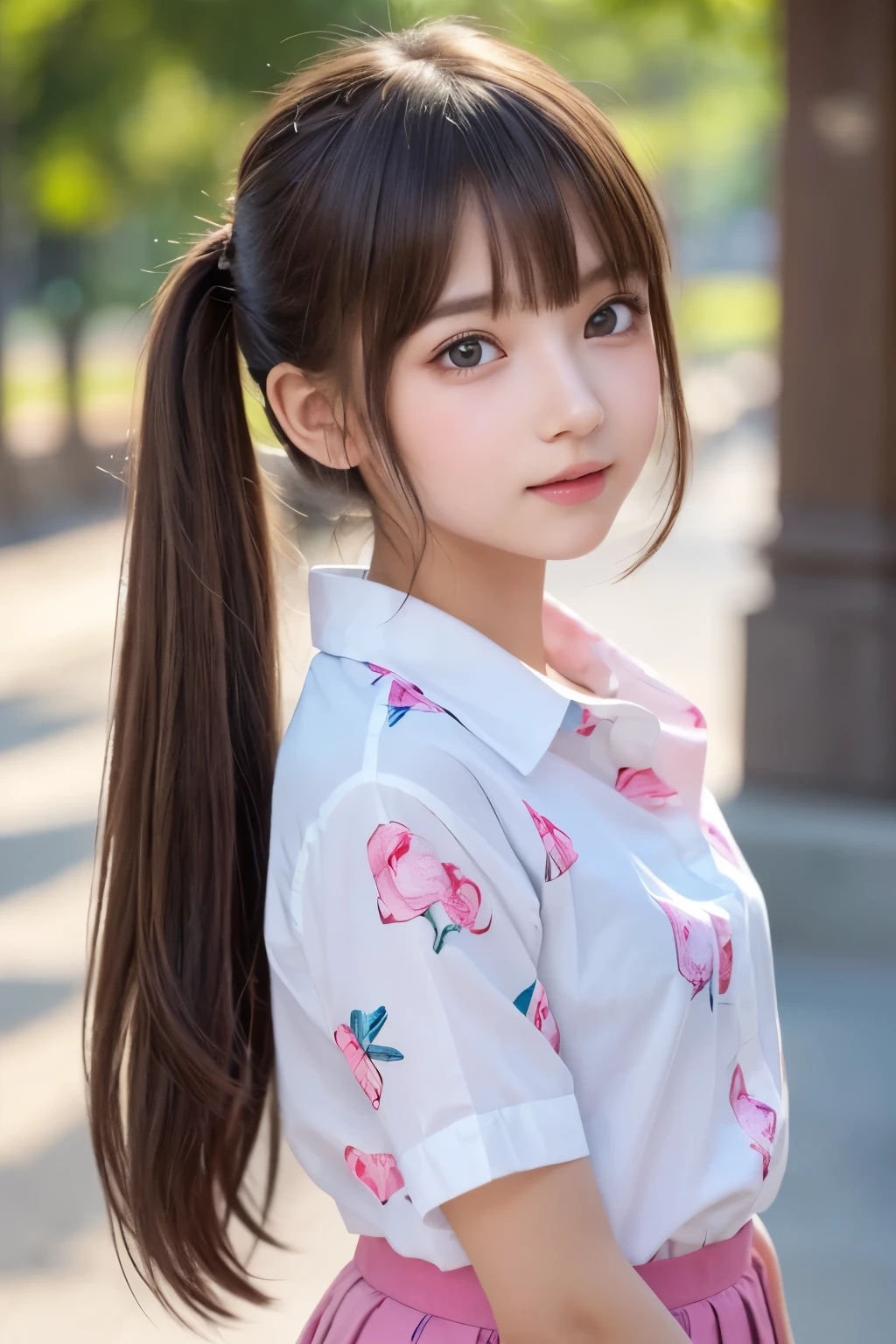 1girl, (a beauty girl, delicate girl, beautiful girl, innocent girl:1.3), (10yo:1.3),
break, (cute print shirt, (pink, white), skirt:1.247),
break, (school route background:1.2),
break, very fine eyes, (symmetrical eyes:1.3),
break, (flat breasts:0.5), (round face, ), (brown eyes), parted bangs, (brown hair, twin tails),
break, (eyes and faces with detailed:1.0),
break, (masterpiece, best quality, ultra detailed, detailed face, 8k)