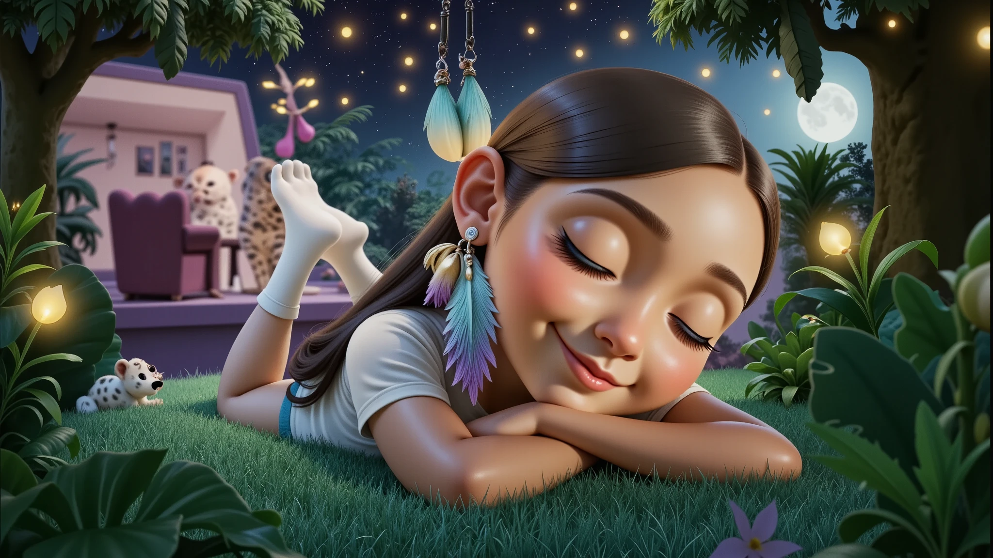 Inspired by the poster of a high quality and high resolution 3D Disney movie, set the image of a girl, ****, , *******, AGE: 12Y, BEAUTIFUL, SENSUAL AND ATTRACTIVE, lying on a grass using her arms as a pillow she has long straight black hair that spreads across the grass she is wearing a white t-shirt, she is wearing very short green safari style shorts she is wearing white socks she is with her eyes closed and sleeping deeply connected with nature, all the elements in the background, including the jaguar and the music box appear SMALLER AND BLURRED, ONLY AS ELEMENTS THAT COMPLEMENT THE SCENE, THE IMPORTANCE OF THE BOX IS THE LIGHT IT EMITS FROM ITS INTERIOR LIGHTING UP THE ENVIRONMENT AND THE NOTES MUSICALS THAT APPEAR ALMOST ETERNAL IN THE SCENE, BUT PRESENT IN THE ENTIRE ENVIRONMENT. In the background we see a jaguar lying down with its eyes closed and sleeping, an image blurred so as not to take attention away from the main character. Behind the jaguar, we have a blue music box with a white background, and I feel a white light that expands in the background of the environment, softly emitting golden musical notes that spread throughout the forest. The environment is a beautiful night of stars and a full moon. Around the girl, there are trees and plants typical of the Amazon. She is beautiful, sensual and attractive.