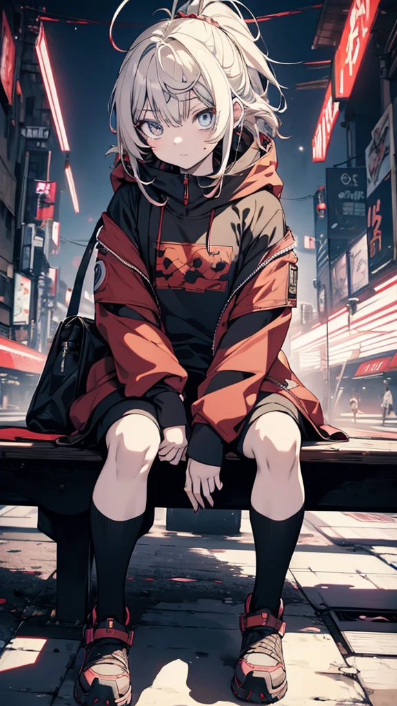 Anime girl sitting on a bench with blood on her face, artwork in the style of Gwaiz, Gwaiz, by Yuumei,  cyberpunk  anime girl in hoodie, Anime aesthetics, Tsutomu Nihei art, everyone, Tokyo Ghoul, from  Arknights,  Arknights, anime  cyberpunk  art, ( (  cyberpunk  ) )