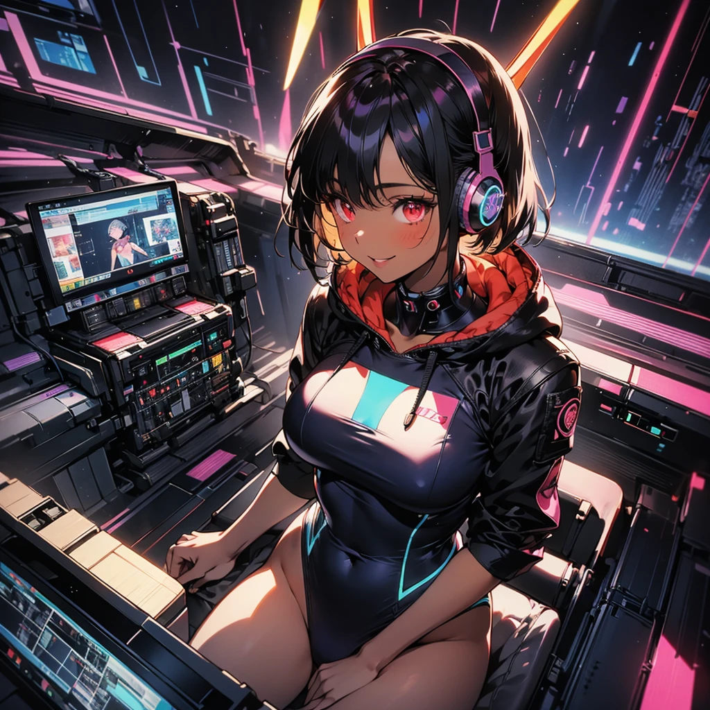 Best quality, (masterpiece), best detail face,1 girl, big breasts, 18 yo, 8k,absurdres,unity 8k wall paper,(extremely detailed:1.3), highest realistic, (retro headphones:), (soft neon light:), (psychedelic), Her room full of music equipment and plants, tight sports wear , See the whole room, She is leaving the room, dark yellow color palette