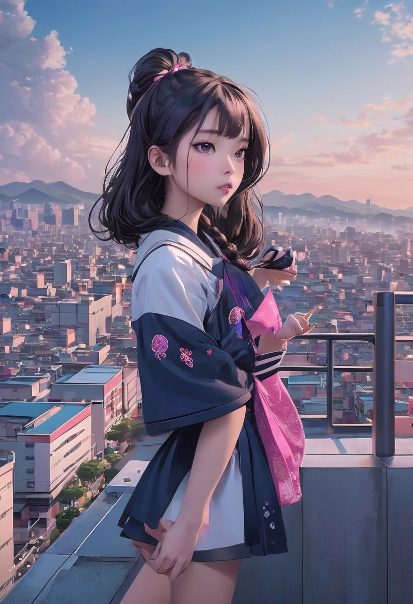 arafed woman standing on top of a building overlooking a city, ulzzang, korean girl, portrait of a japanese teen, dressed with long fluent clothes, 🤤 girl portrait, Chiho, Yoshitomo Nara, portrait of jossi of blackpink, young asian girl, from 8 k matte, e-girl, e - girl