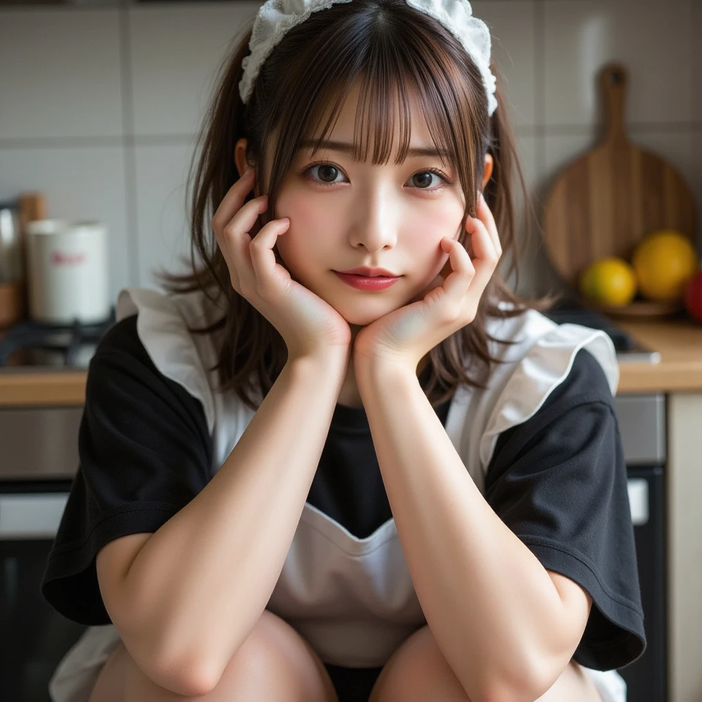 1 girl, alone, sitting, table, spoon, Pudding,, masterpiece, highest quality,