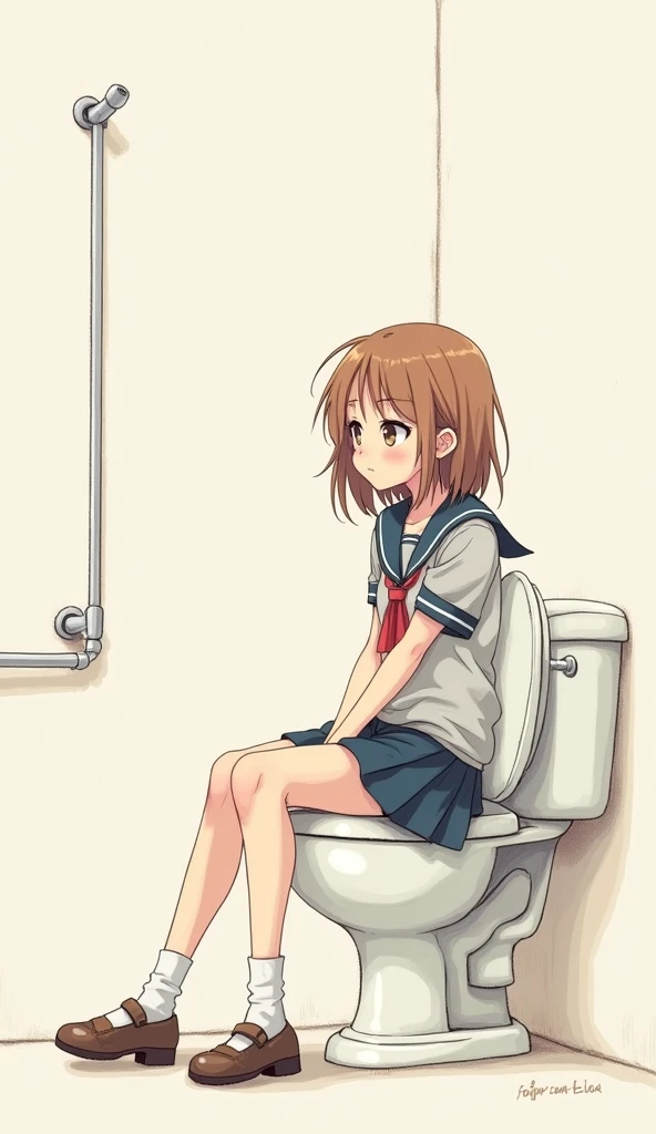 Create a cute anime character peeing on the toilet, with the nipples out 
