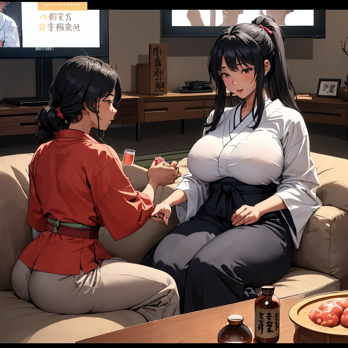 (((((There are only two men and women on the screen)))))、(((Western-style living room )))、((1 Japanese 40-year-old woman ))、(( 1 large 20-year-old male of black African descent ))、 very big breasts 、Very big ass、 wide hips、 tank top 、 shorts 、 African black men are muscular and big, sit side by side on the couch、LOL、Great fun、LOL、fun、happy、Stick、Familiar、Huddle together、Closely attached、 Brushing Her Hand Over Her Shoulder 、 black African man rubs woman's boobs、Interaction、touch、Physical affection、Drunk、Drinking alcohol、There are many containers of sake on the low table 、facing viewer、