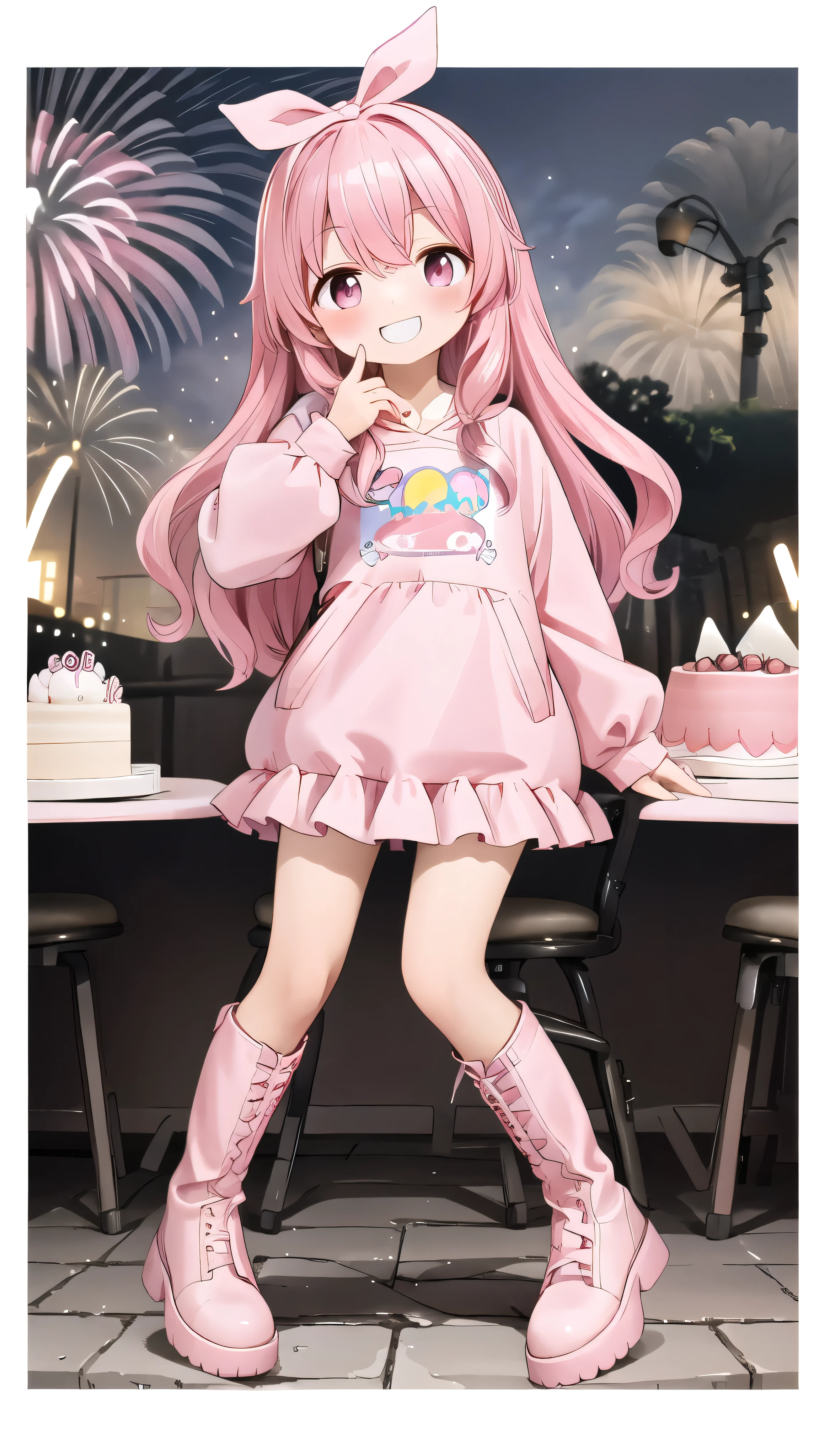  long pink hair， pink and white sweatshirt， Pink Eyes ， black headphones ，White boots，Smile，Birthday ，Birthday Cake，fireworks ribbon 