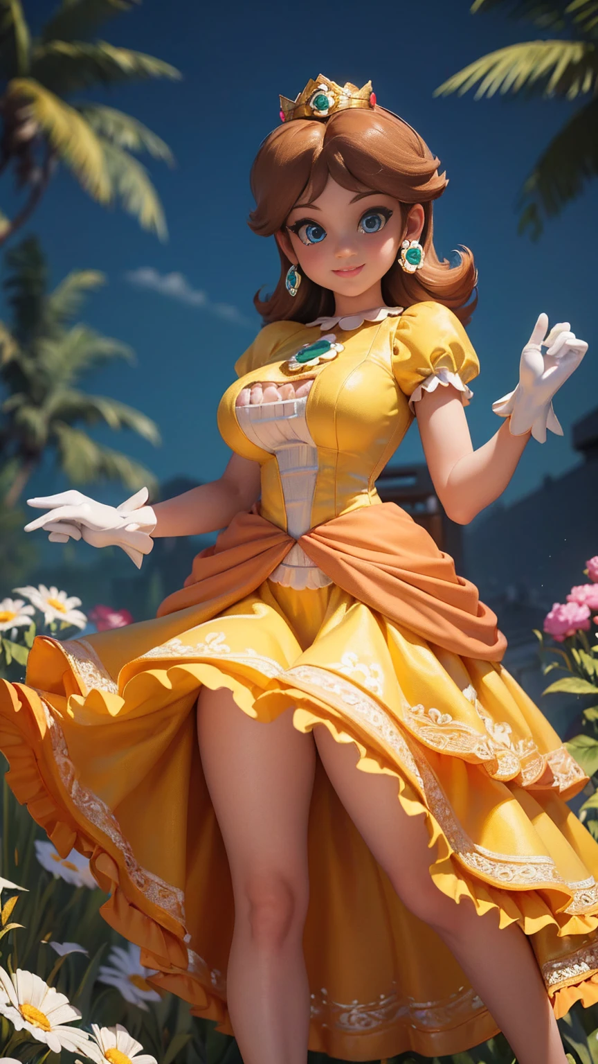 ((masterpiece,best quality,ultra-delicate,Perfect Face,detailed eyes,16k,high resolution,very beautiful girl)), princess daisy, yellow princess long skirt dress, white gloves, brown hair,large breasts,full body shot,smile,energetic,many flower garden