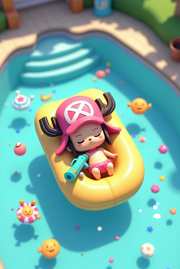  illustration of a chopper sleeping floating in the pool on a raft、Sleeping while holding a water gun 、There are lots of toys floating in the pool 、 low poly rendering inspired by Eiichiro Oda ,  Art Station , Process Art,  dress,  Relaxing concept art ,  cute detailed digital art ,  dress artstyle,  cute 3d rendering , Guweiz-style work , High Quality Fanart ,  Cute Digital Painting ,  fanart best artstation 