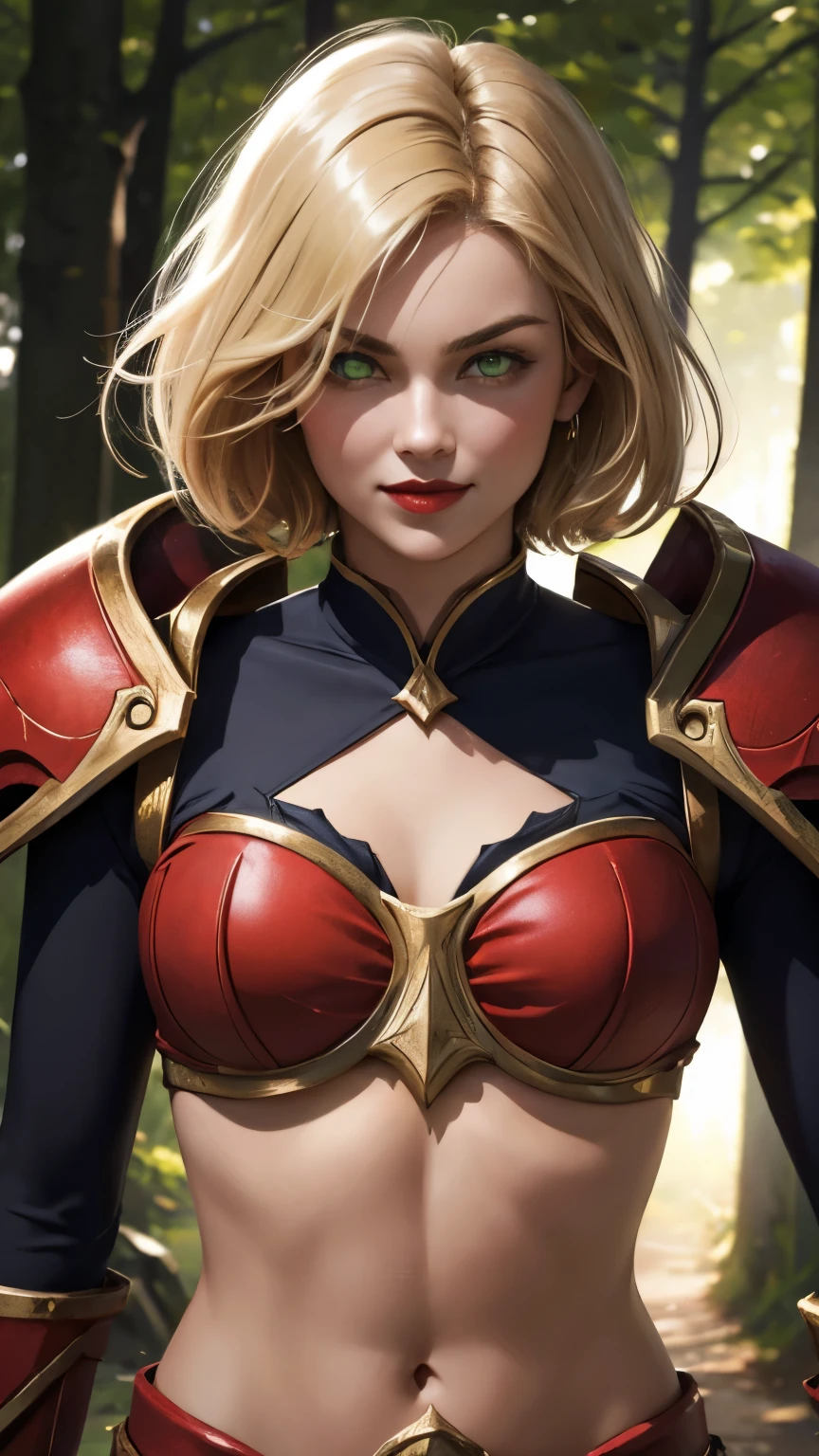(8K, highest quality, masterpiece:1.2), High resolution, masterpiece, break, beautiful woman, beautifully mouth, highly eyes and face, beautiful fine eyes, upper body, slim body, 20 years old girl, (1girl, short hair, angry, smile, clenched teeth, lustful eyes, red lips) (digital) (Looking at viewer), (Forest background)), best quality, blonde hair, red Armor, sleeves:1.2, gold bow tie, red Tuxedo, green eyes, gold trim, crop top, navel, bloodelf