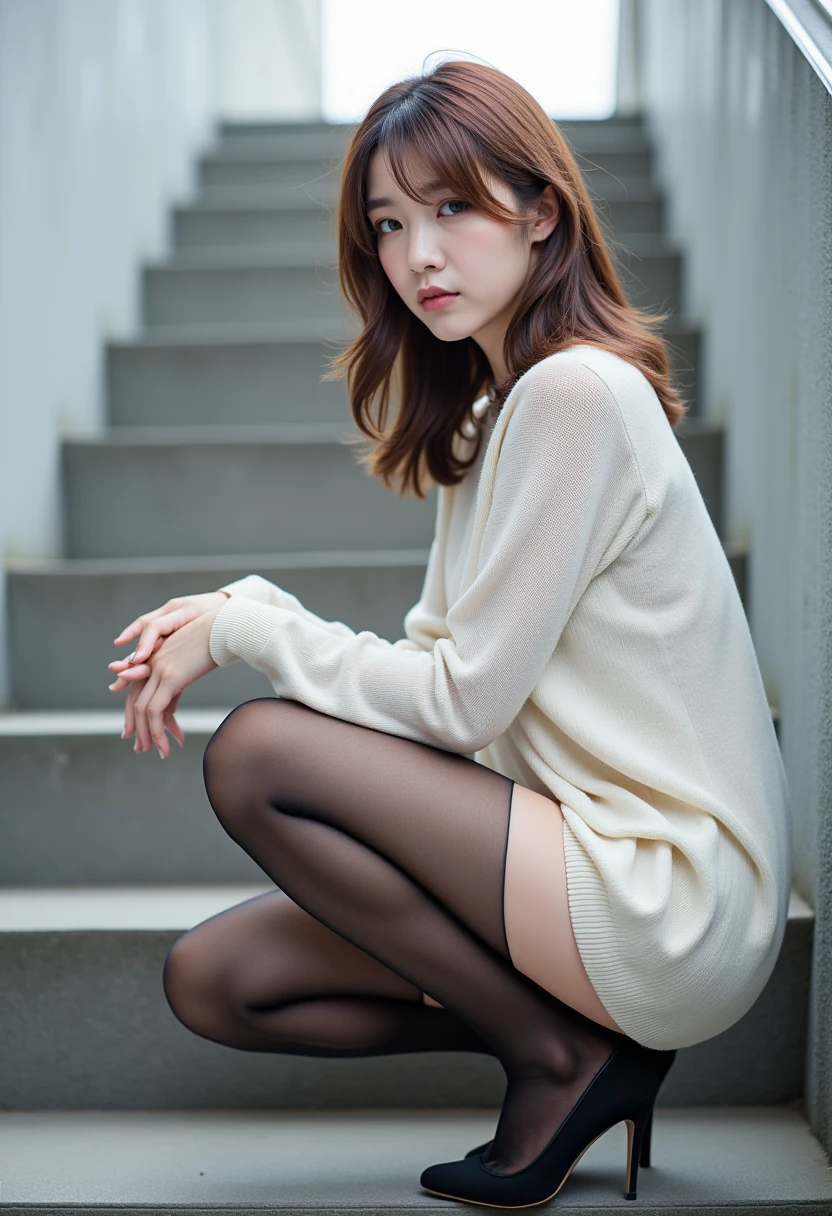 Photos taken by a professional photographer，Close-up of a slender east-asian woman crouching with her legs crossed on the stairs of a multi-tenant building, Wear a sweater、long brown hair, Wear a sweater, Young and beautiful girl, Japanese Model,  Loose, white, thin, sheer Wear a sweater, Chiho, Random color casual wear a sweater,Cute wavy hair that goes well with short hair, a Cute young woman, Cute young woman, Black pantyhose，Black tights，Black high heels，Exposed Skin