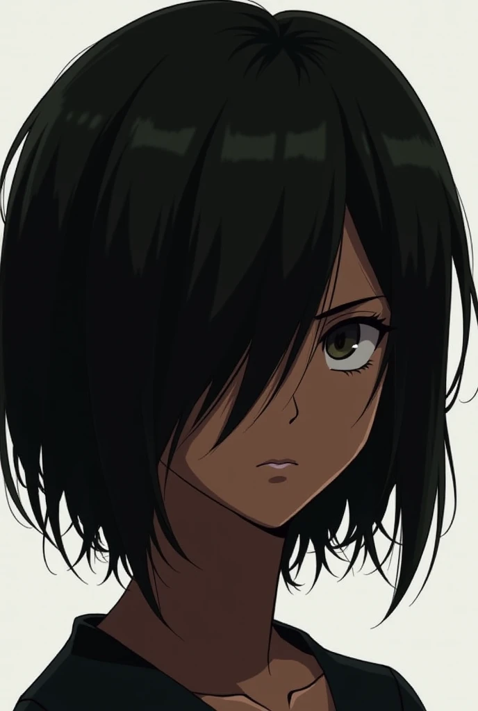 Dark skinned anime teenager with an asymmetrical medium length side swept straight hair where the hair is brushed to the left side of his face