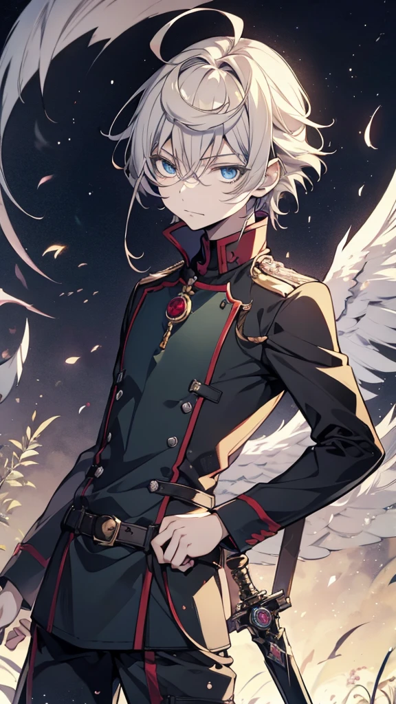  close-up of a person with a sword in a field, Yamagata Kohei Windows , Ikuto Yamashita,  Sebastian Michaelis , okata kazuto,  Handsome Anime Pose ,  male anime character, Anime Handsome Man , Okumura Masanobu Vodowalu ,  tall anime boy with blue eyes , Hajime Yatate, Male Anime Style