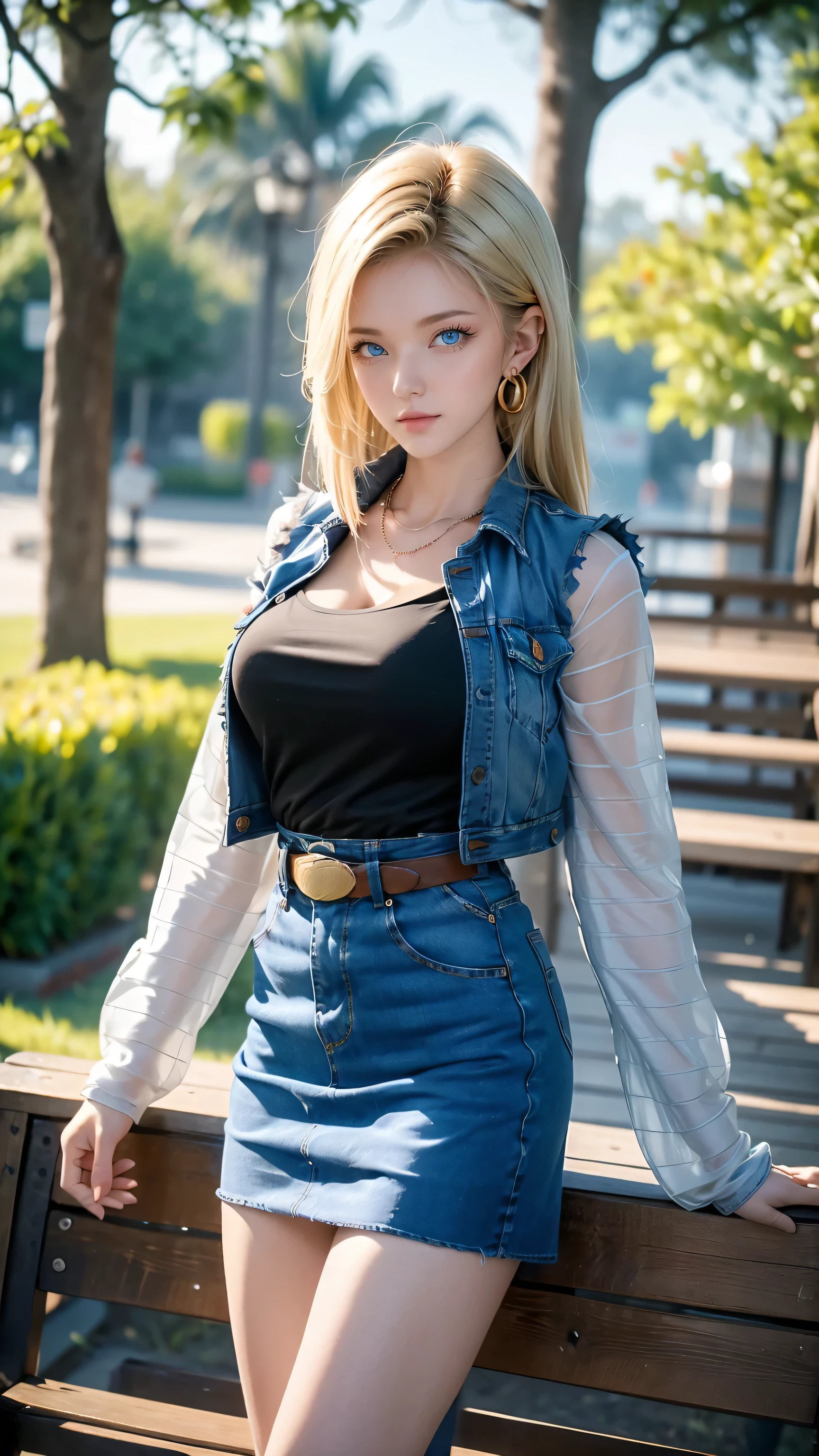 Android 18, Light Blonde hair, Medium hair shaggy cut for women, Blue Transparent eyes of Slavic Caucasians, She has sexy double eyelids above and below her eyes, The flash in the eyeballs is brilliant, She is not wearing any jewelry such as a necklace around her neck, She wears A black T-shirt that clearly exposes the cleavage, Not wearing a bra, She only Wears round earrings, Tight Long sleeves with black stripes on a white background, Blue denim mini vest, Blue denim mini skirt, The denim mini skirt and denim mini vest set in the same blue color, The mini denim vest does not have a zipper, but the mini denim skirt does, and the denim vest has five silver buttons to fasten the garment, The denim skirt's zipper seam line and stitching run vertically straight to the bottom of the skirt, and the denim vest has no zipper, so it's clean, Open-chested denim vest, Large breasts, Women's Western Cowboy Belt, Brown see-through pantyhose, Western short boots, Looking at viewer, Her whole body is visible on the screen, She is standing in front of the bench Her entire body is visible on the screen, from her head to her boots, Slight smiling with closed lips standing next to bench , Blue sky, outside, park, grass, Summer, trees, blue sky, high quality, masterpiece,