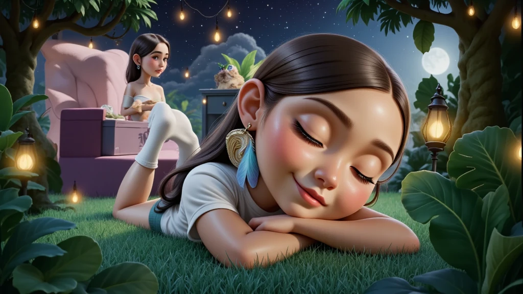 Inspired by the poster of a high quality and high resolution 3D Disney movie, set the image of a girl, ****, , *******, AGE: 12Y, BEAUTIFUL, SENSUAL AND ATTRACTIVE, lying on a grass using her arms as a pillow she has long straight black hair that spreads across the grass she is wearing a white t-shirt, she is wearing very short green safari style shorts she is wearing white socks she is with her eyes closed and sleeping deeply connected with nature, all the elements in the background, including the jaguar and the music box appear SMALLER AND BLURRED, ONLY AS ELEMENTS THAT COMPLEMENT THE SCENE, THE IMPORTANCE OF THE BOX IS THE LIGHT IT EMITS FROM ITS INTERIOR LIGHTING UP THE ENVIRONMENT AND THE NOTES MUSICALS THAT APPEAR ALMOST ETERNAL IN THE SCENE, BUT PRESENT IN THE ENTIRE ENVIRONMENT. In the background we see a jaguar lying down with its eyes closed and sleeping, an image blurred so as not to take attention away from the main character. Behind the jaguar, we have a blue music box with a white background, and I feel a white light that expands in the background of the environment, softly emitting golden musical notes that spread throughout the forest. The environment is a beautiful night of stars and a full moon. Around the girl, there are trees and plants typical of the Amazon. She is beautiful, sensual and attractive.