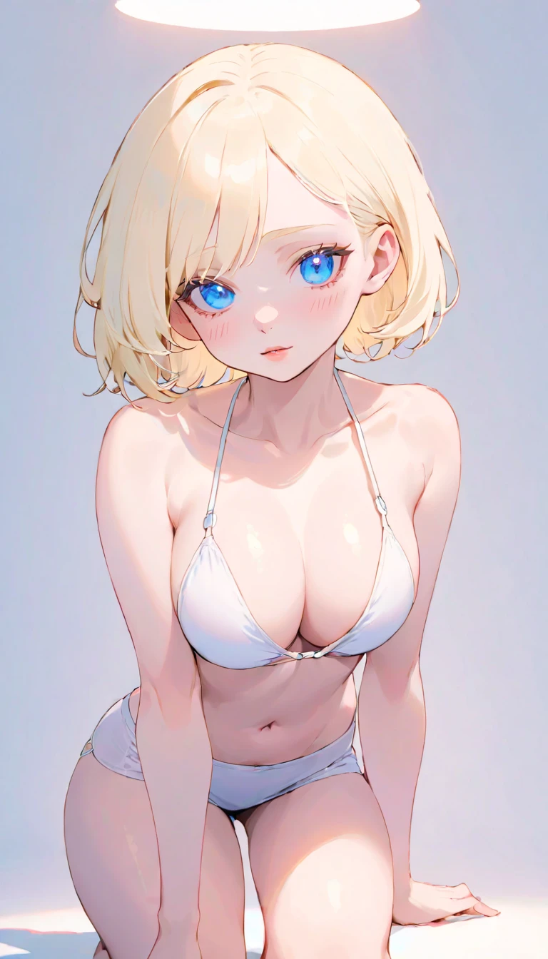 (((White Background:1.3)))、(((1 albino girl、Cute face、pretty girl))), ,(((The eyes are blue:1.3)))、White mini skirt、saggy small breasts, ((White mini tank top, big cleavage)), (((nipples slips))), pink nipples revealing, Tyndall effect, Realistic, Shadow Studio,ultramarine、illumination, Dual tone illumination, (Skin with attention to detail: 1.2)、薄Dark illumination、Dark illumination、 photograph, High resolution, 4K, 8k, Background Blur,Beautiful fade out、White world、White Background